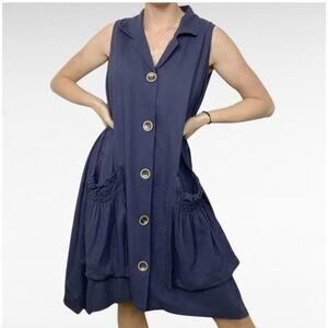 For Cynthia Navy Linen Blend Lagenlook Dress Sharkbite Hem Ruched Pockets Sz S